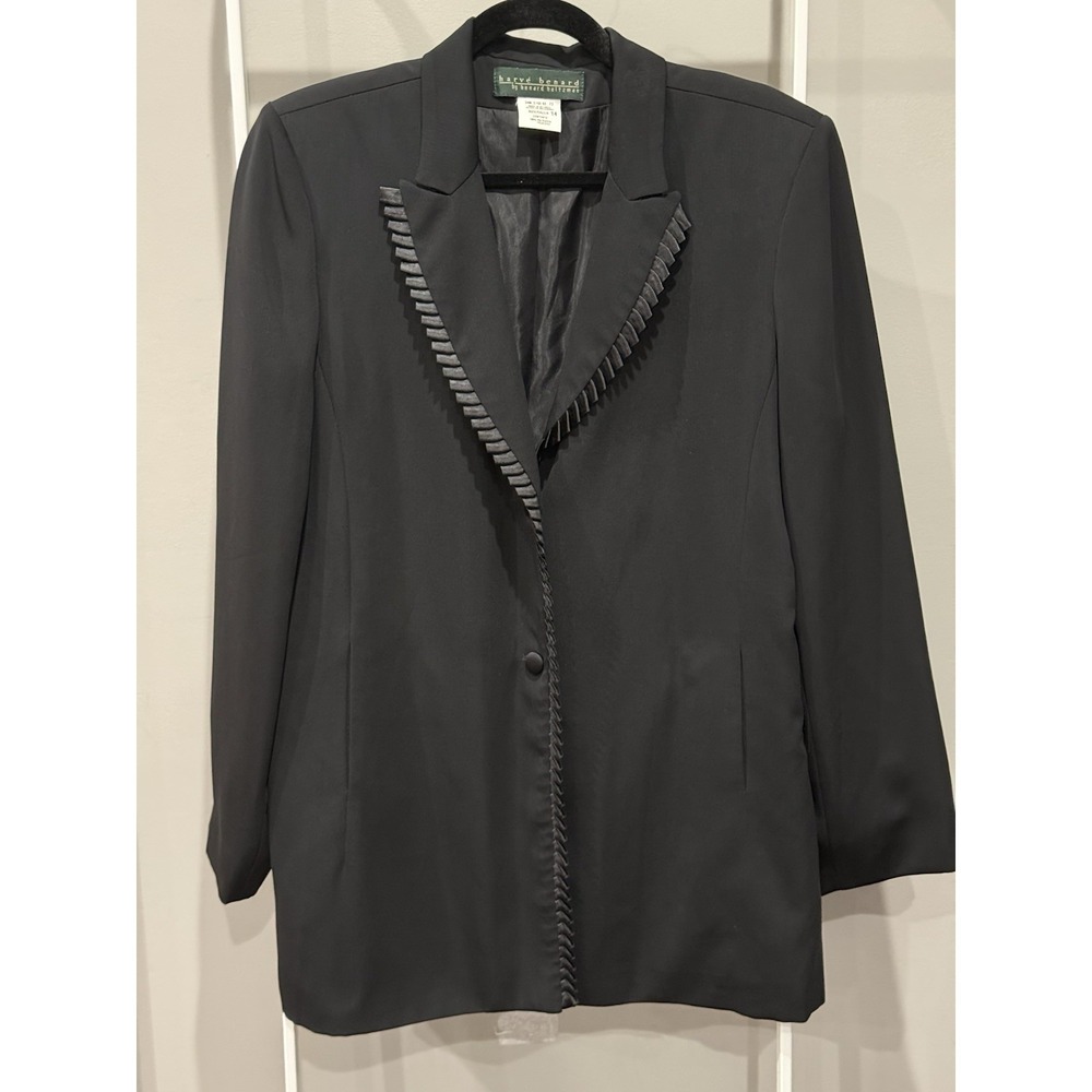 Harve Benard by Benard Holtzman Vtg Black Crepe Blazer Satin Ribbon Trim 14 90's